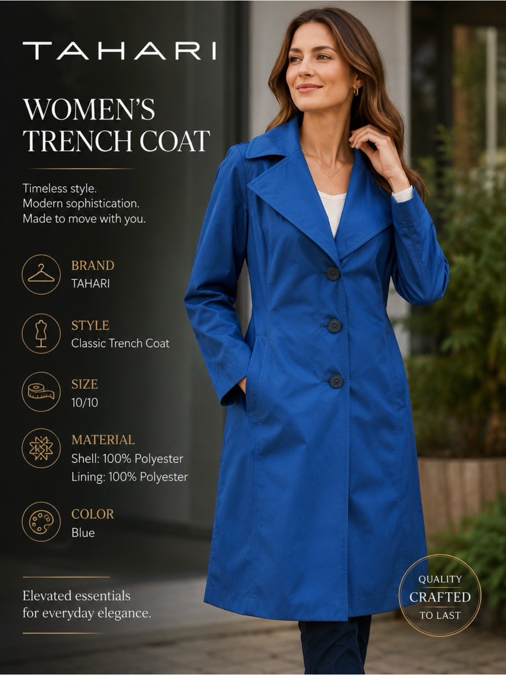 Tahari Classic Trench Coat Royal Blue Sophisticated Three Button Size L Large